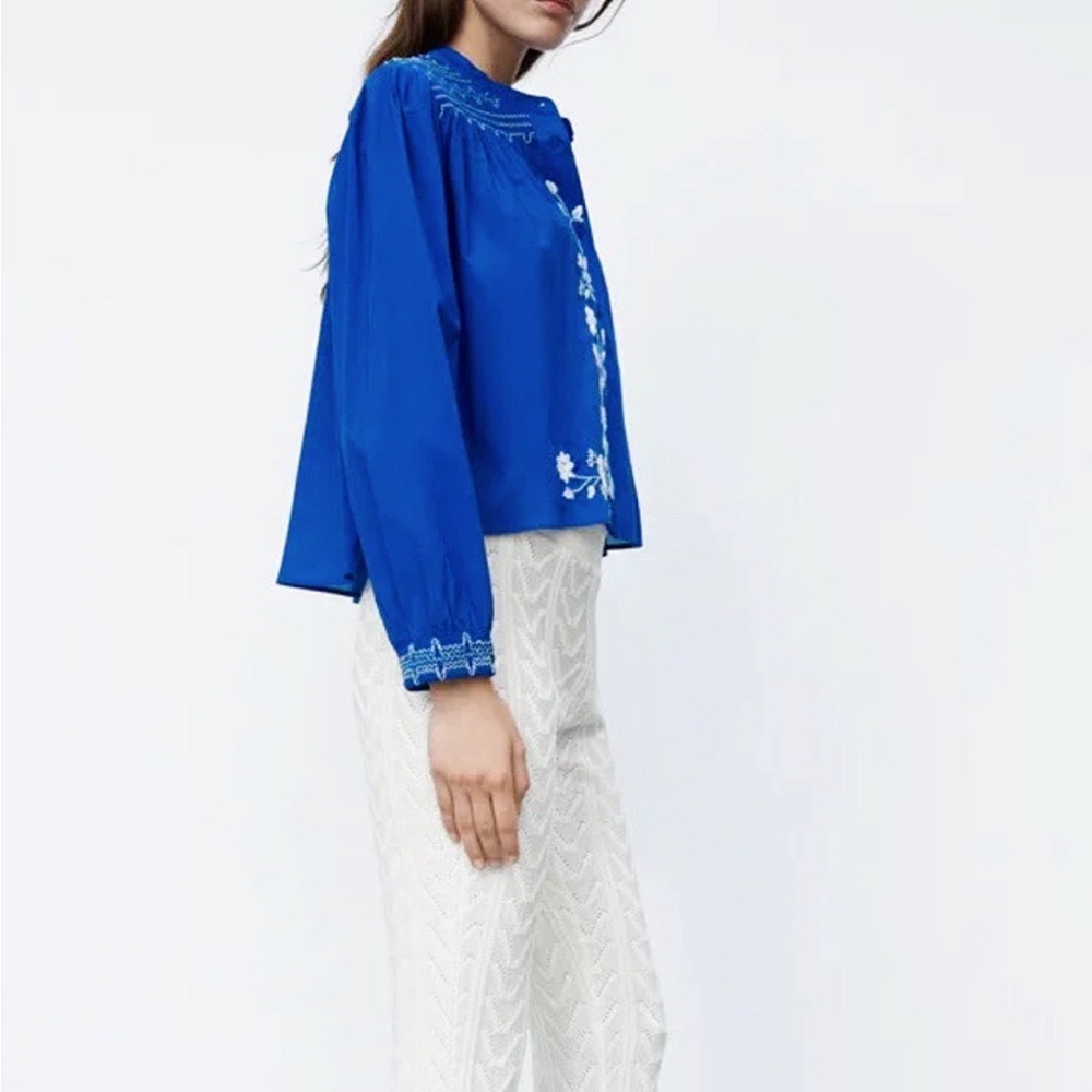 💙 ZARA BOHO BLUE WHITE FLORAL EMBROIDERED LONG SLEEVE CROPPED BLOUSE! - Picture 11 of 14